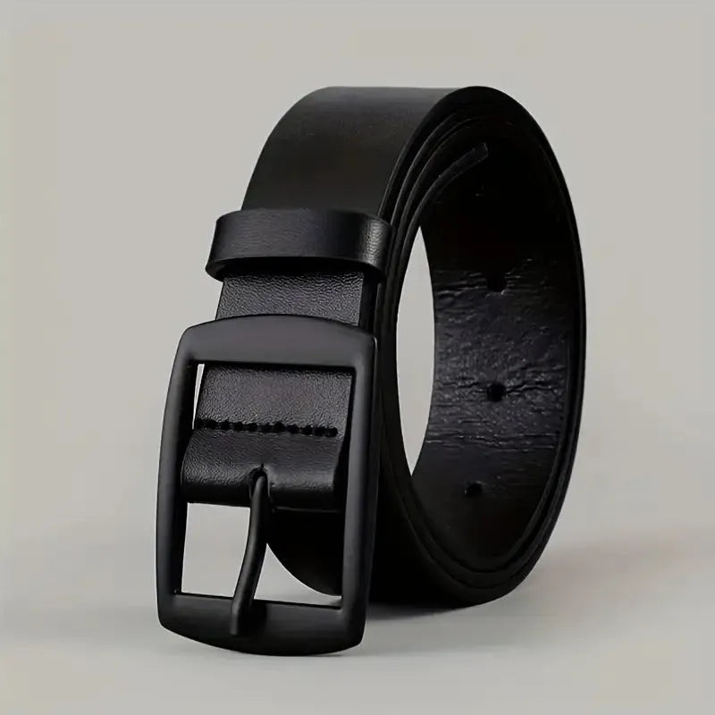 Men business casual imitation leather belt with alloy pin buckle, 120cm length, black belt with black buttons