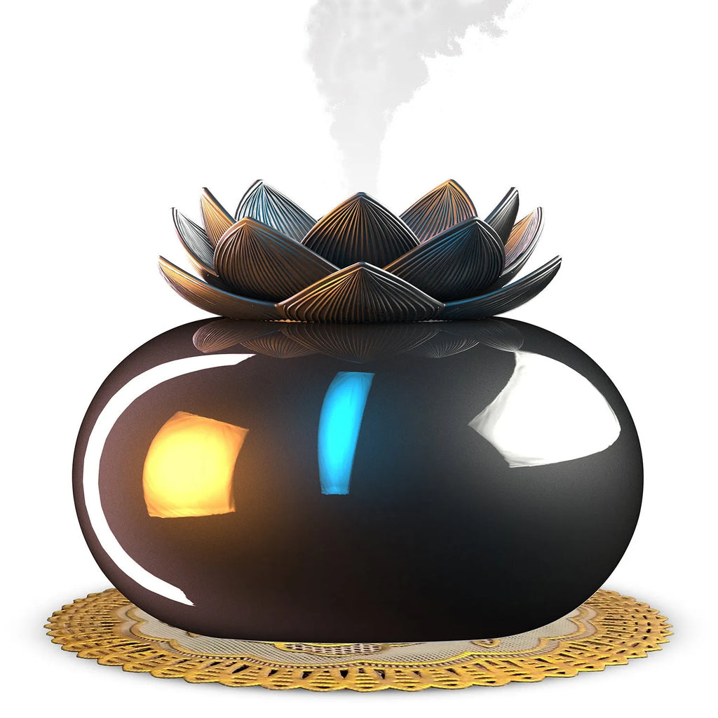 Round pure black lotus aromatherapy ultrasonic humidifier with USB cable.