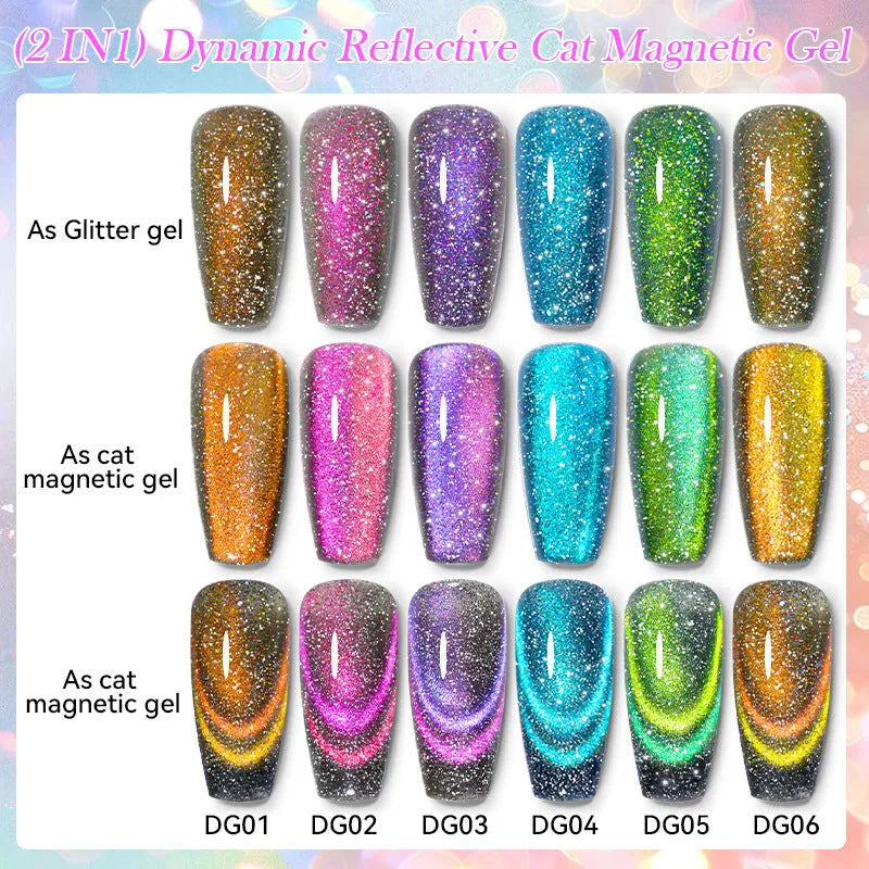 Diamond In The Debris cat eye UV gel nail polish in six colour styles with glitter and diamond fragments