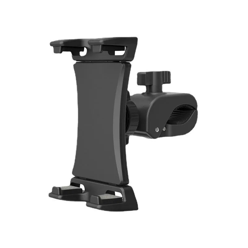 Black universal bicycle handlebar mount bracket for mobile phones and tablets on a bike.
