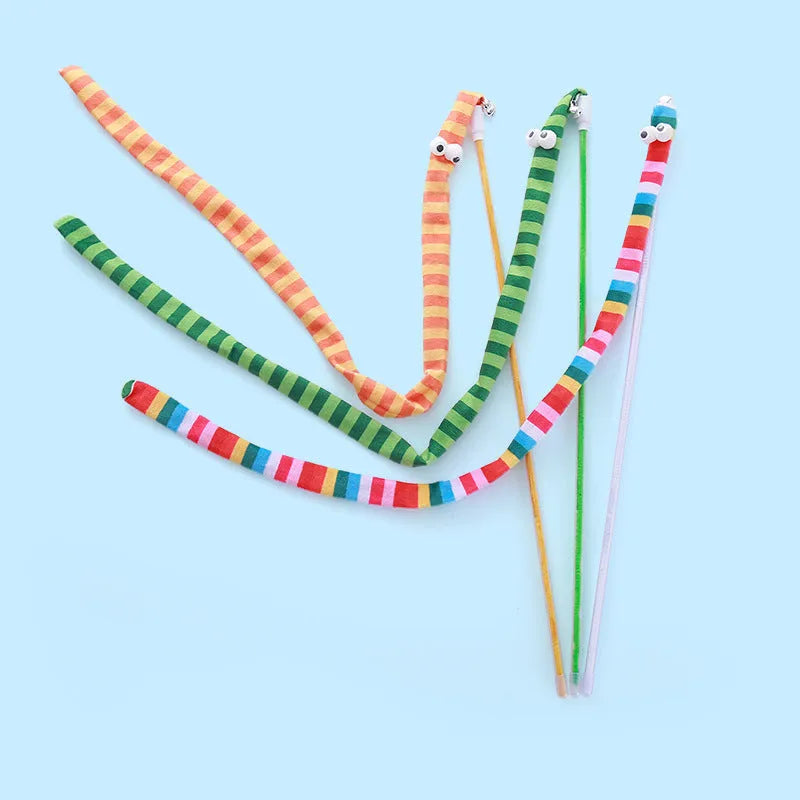 Cat teaser wand toy with long colourful plush strip on a polycarbonate handle