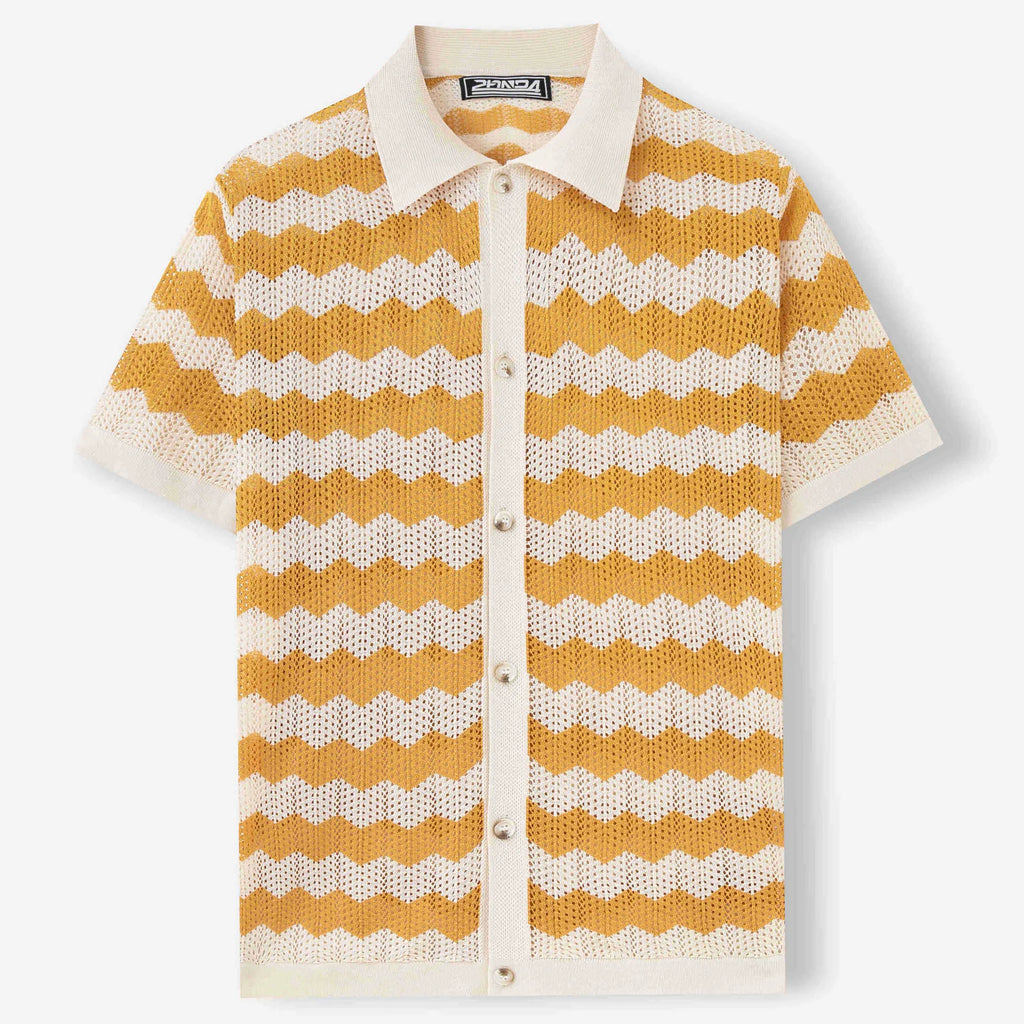 Man's short-sleeve blue sweater with a textured corduroy-like jacquard pattern, showing detail of the fabric weave.