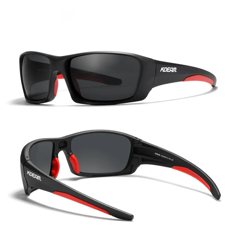 Ultralight polarised sports sunglasses with TR90 frame in assorted colours on a plain background.