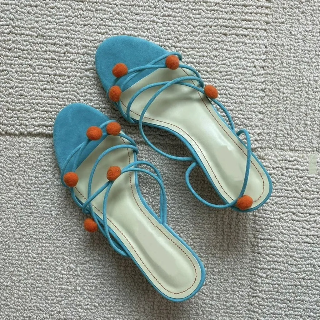 Cyan women's high-heeled sandals with lace-up straps, open toe, and thin straps made from French leather.