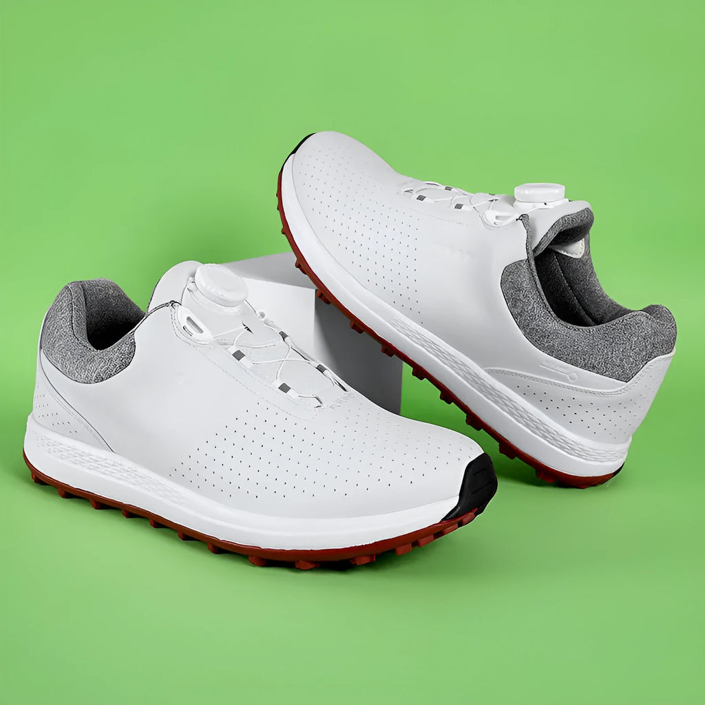Men's white and black casual golf shoes with breathable hollow-out pattern and MD sole