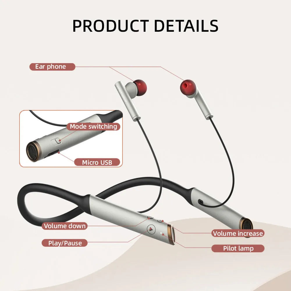 Simple neck hanging Bluetooth headphones in black ABS with earpieces