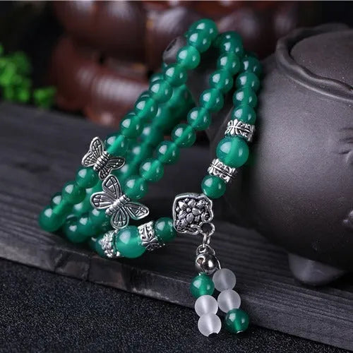 Natural green agate multi-layer bracelet with 6mm beads in three-circle design