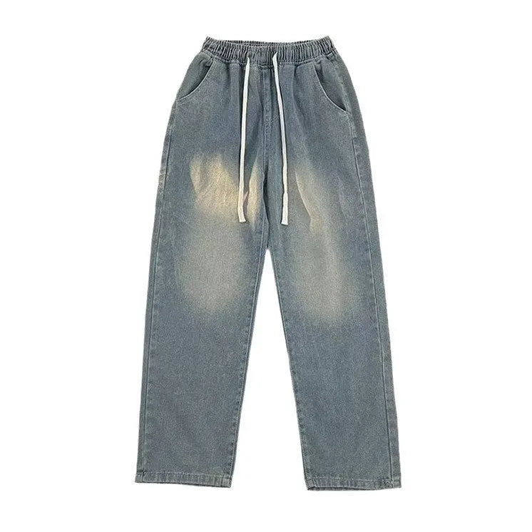 Straight leg men's trousers in denim cotton with drawstring waist closure