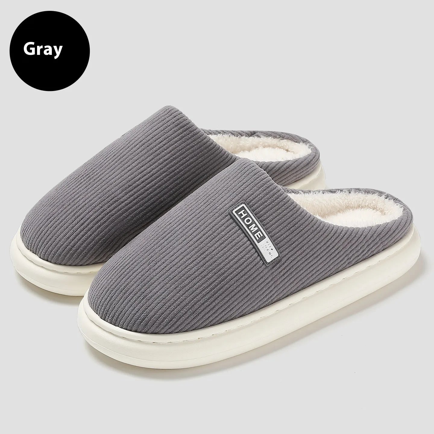 Plush non-slip cotton slippers with striped pattern and EVA sole in gray, green, pink, dark blue, and white
