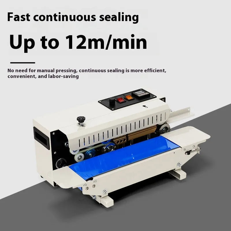 Compact white and grey handheld heat sealer with a date printing wheel, shown sealing a plastic bag.