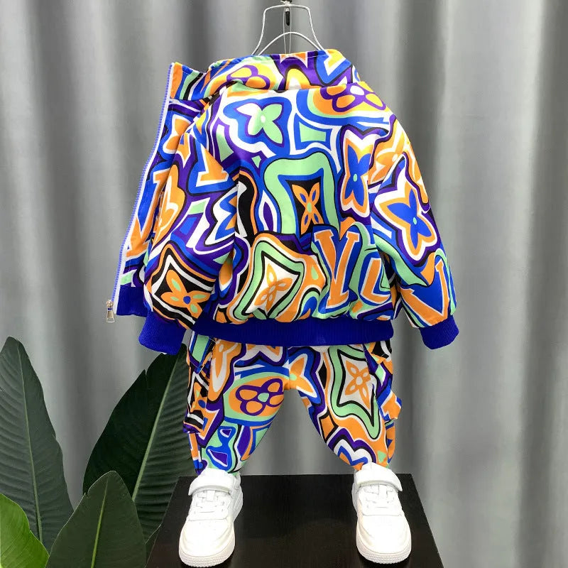 Spring children's two-piece set in blue with long-sleeve shirt and pants for boys