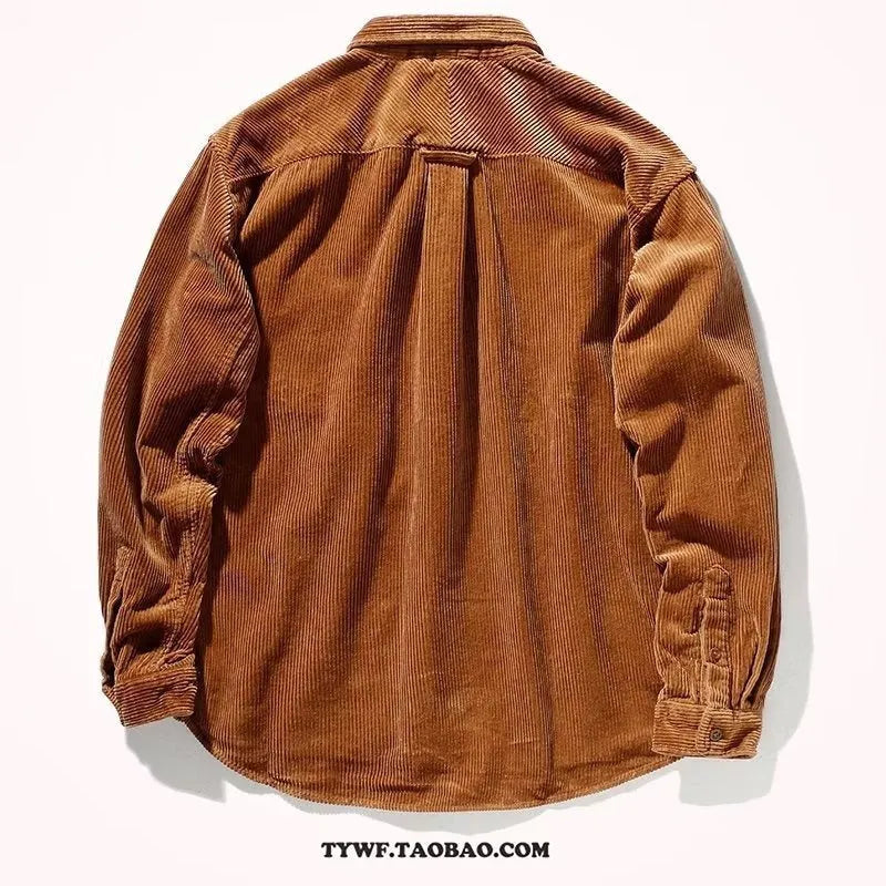 A loose-fitting caramel corduroy shirt with long sleeves in a casual cardigan style.