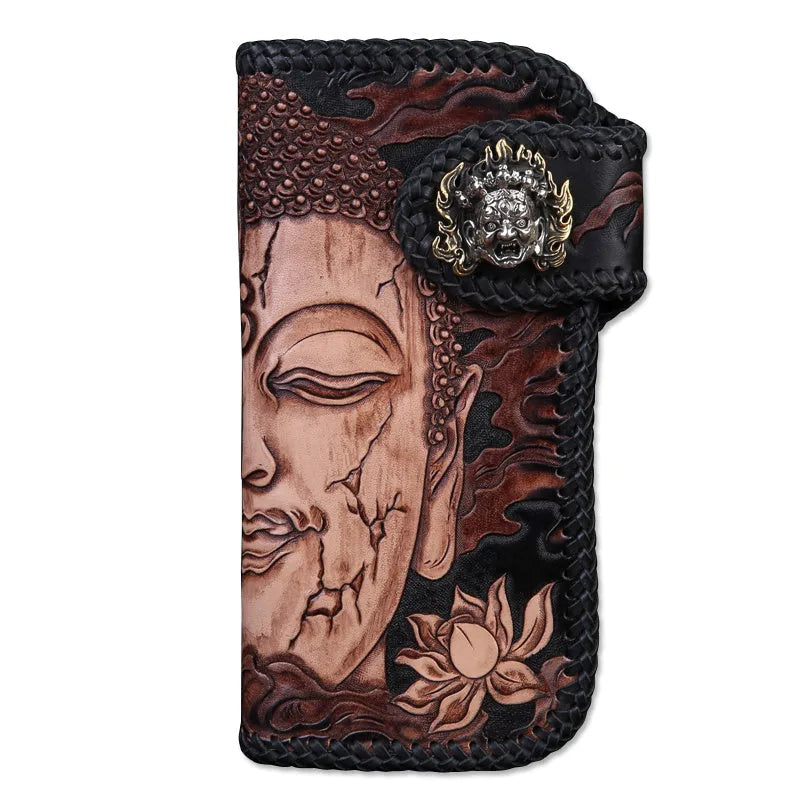 Men's top layer cow leather carving wallet with buckle closure, hardbound Inner Buddha version, 21 x 10.5 cm