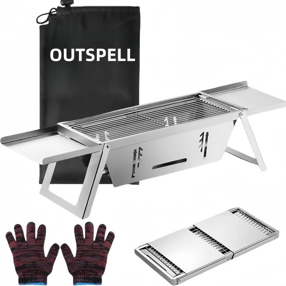 Small foldable steel charcoal grill shown in an outdoor setting.