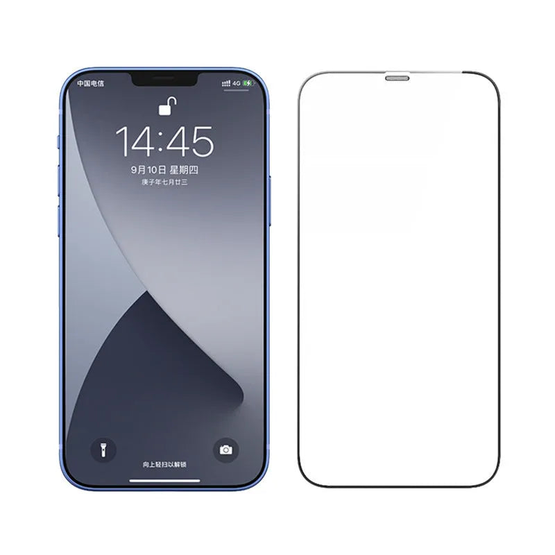 Anti-peep tempered glass screen protector for iPhone 12, black, with privacy viewing angle.