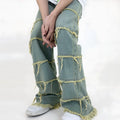 Men's green retro washed raw denim straight leg jeans