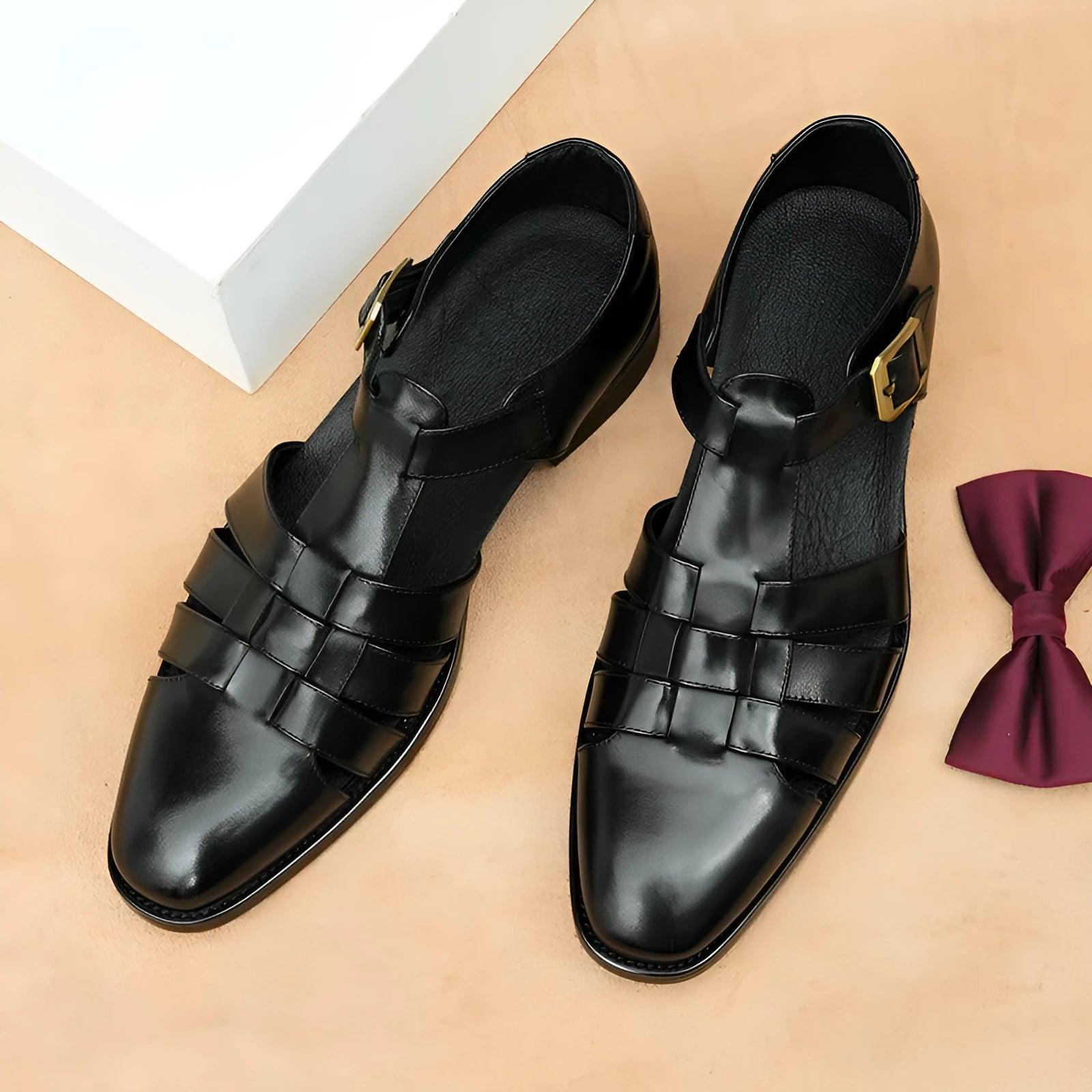 Men's leather sandals in black and brown with rubber sole, sizes 37-46