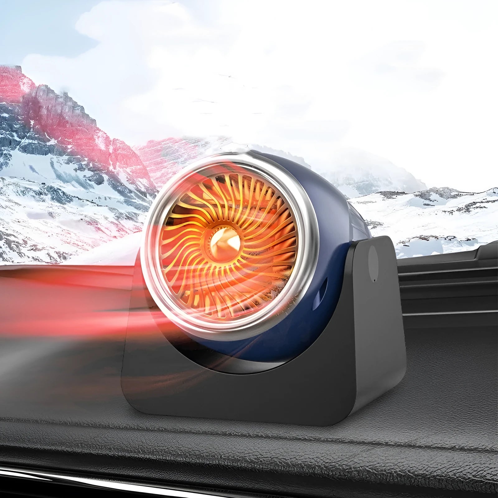 12v portable car heating fan in navy blue colour with cigarette lighter plug for fog and frost removal