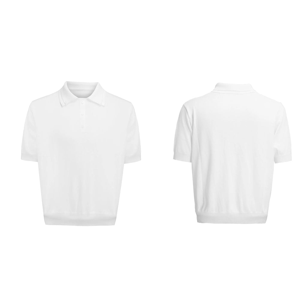 Men's black lapel collar short sleeve slim knit shirt on hanger