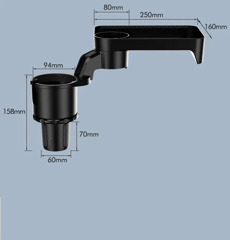 Black car cup holder with an integrated rotating dinner tray, shown in a vehicle.