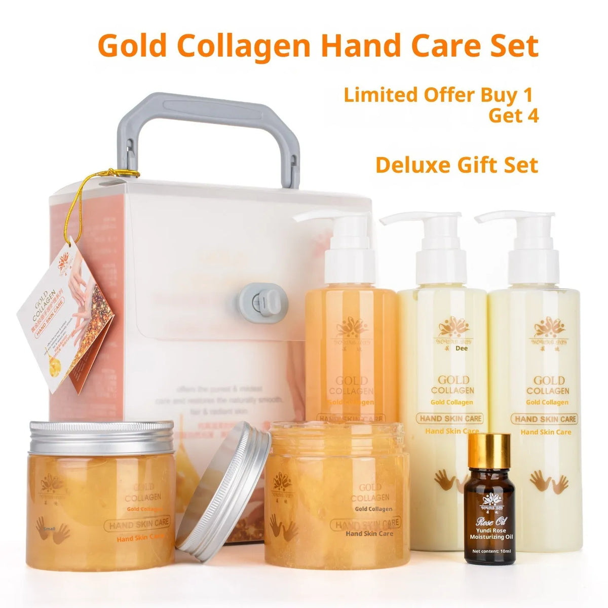 Gold Collagen Hand Care Set with six items including cleansing gel, scrub gel, massage cream, hand mask, hand cream and rose essential oil.