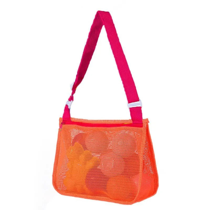 Blue nylon mesh children's travel storage bag with shoulder strap measuring 20x25x8cm