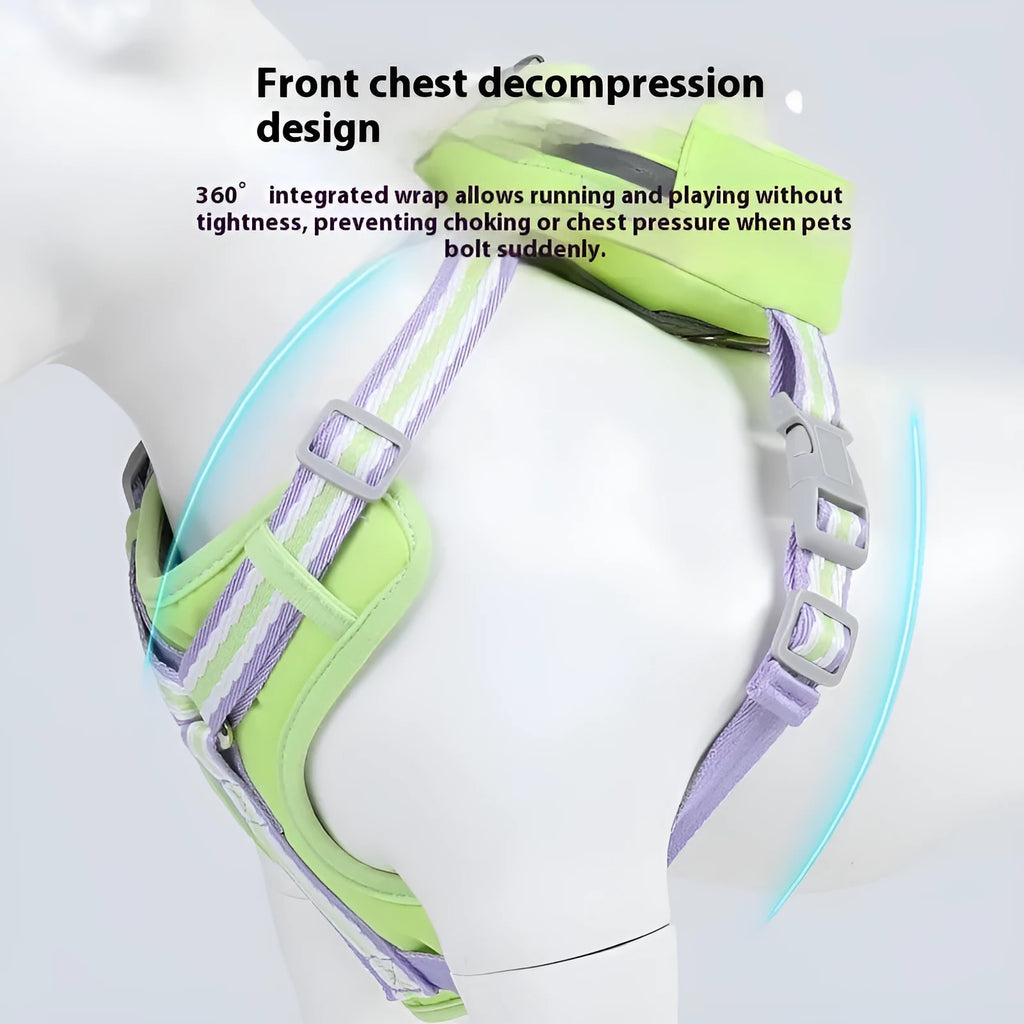 Pink explosion-proof anti-strangulation dog harness with buckle and 1.5m lead on a grassy background.