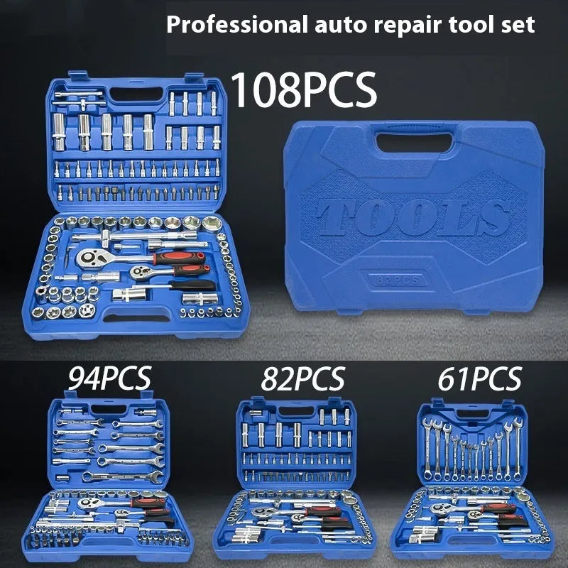 82-piece auto repair tool set with ratchet wrench and combination tools in a galvanised blue case