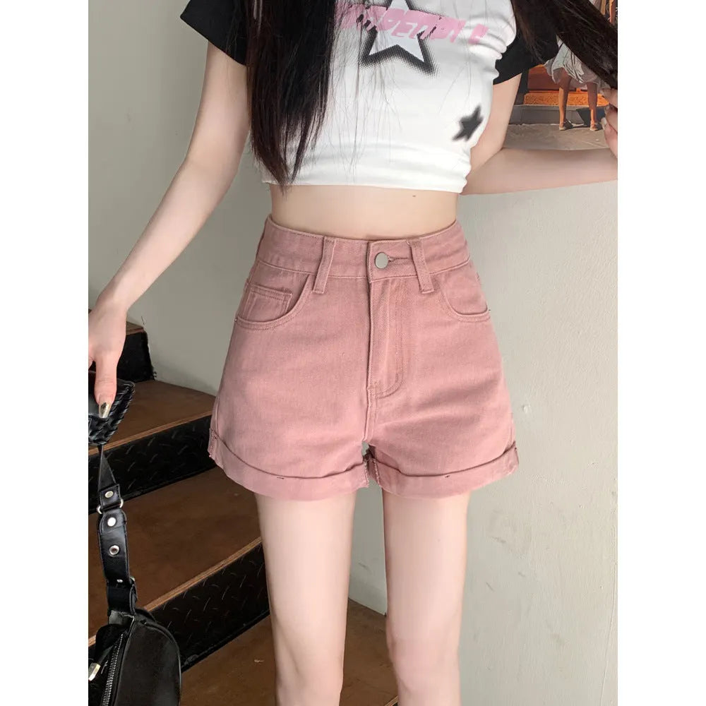 Women's high waist loose fit cotton denim shorts in black, pink, khaki, and white, sizes S to 5XL