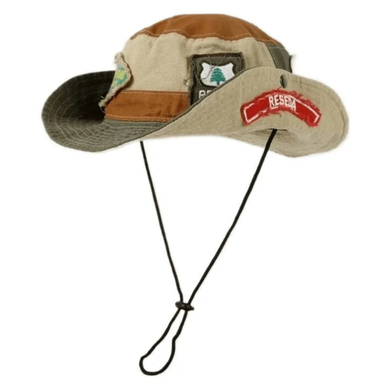 Women's army green cotton fisherman hat with retro patchwork design and flat top crown