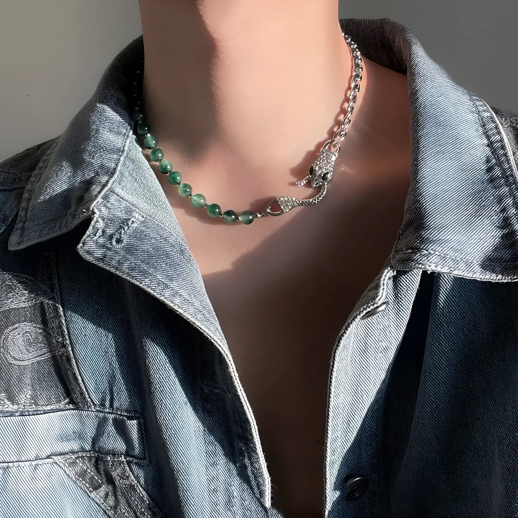 Shenlin Spirit Snake Stitching Lvzhu men's necklace in Deep Forest colour on titanium steel bone chain