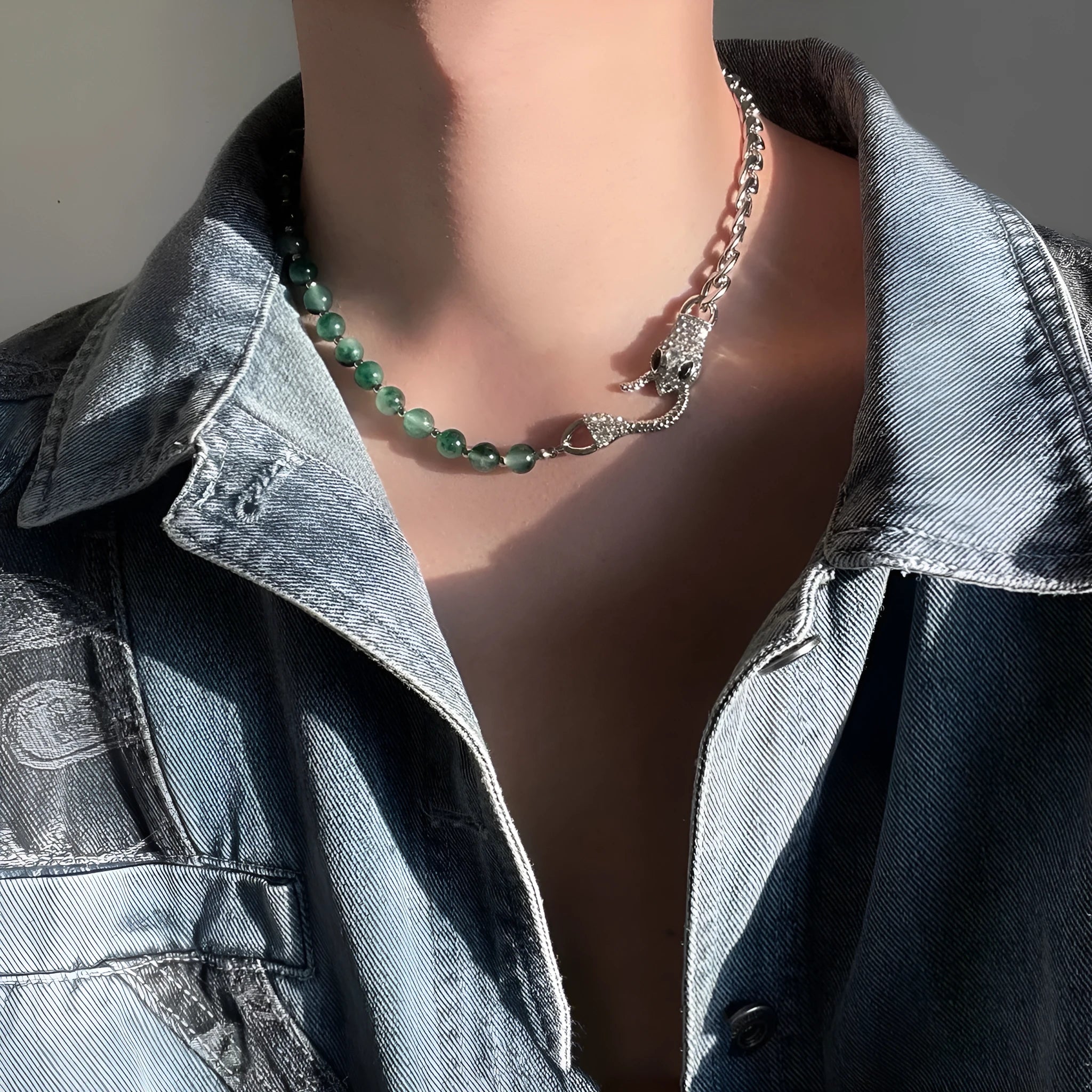Shenlin Spirit Snake Stitching Lvzhu men's necklace in Deep Forest colour on titanium steel bone chain