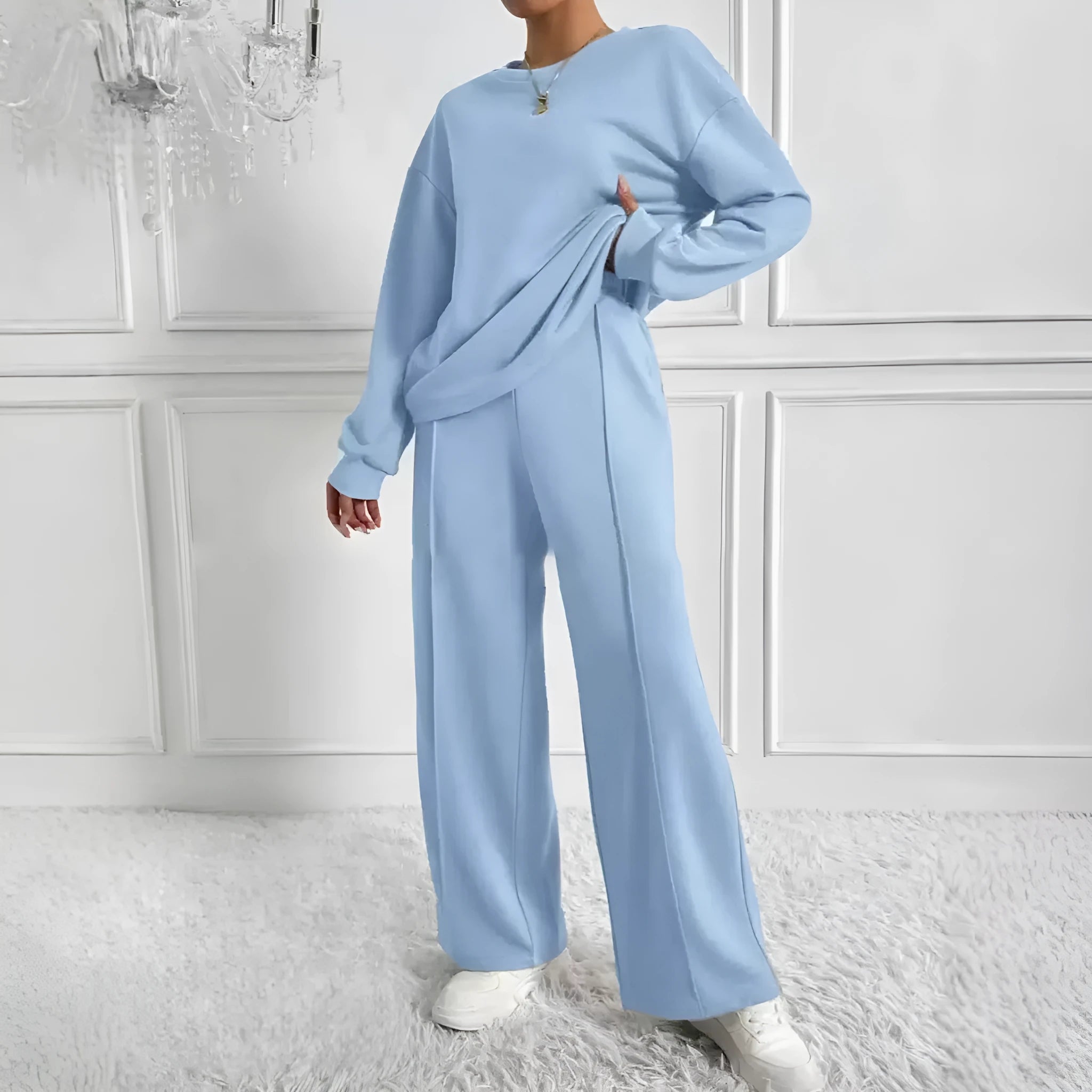 Women's cotton blend casual trousers twinset in solid colour with long sleeves crew neck top, six colours available