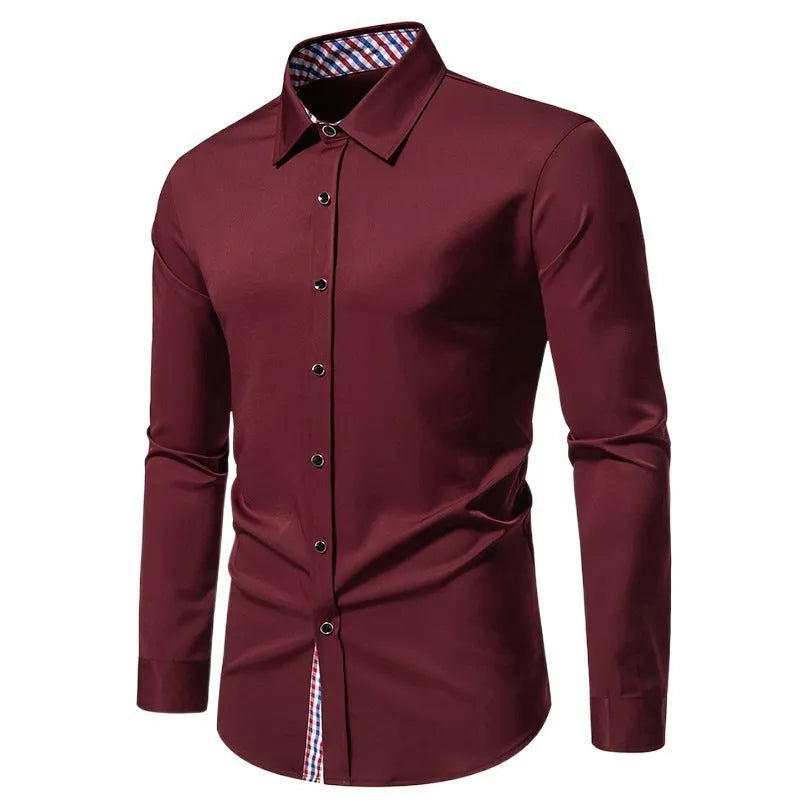Men's loose-fitting plaid long sleeve casual shirt in a cardigan style, shown in a wine red colour.