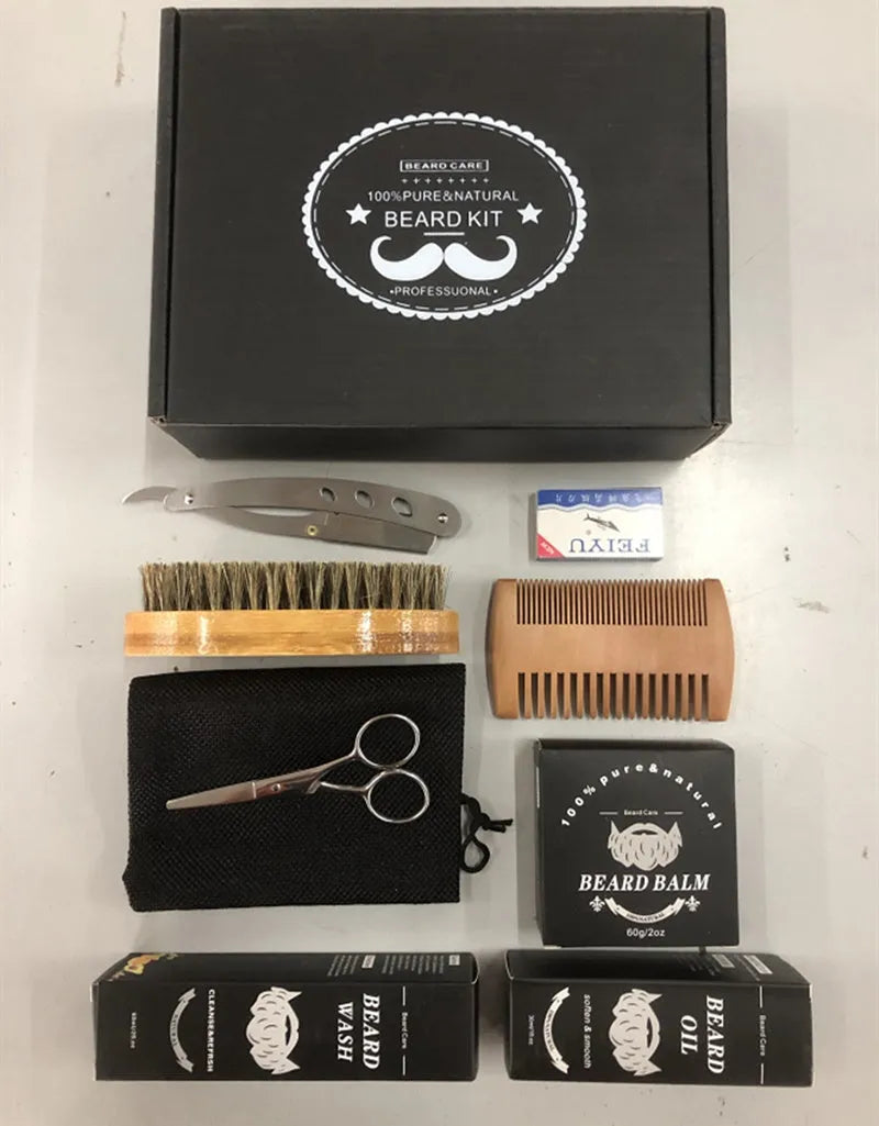 Men's beard grooming kit with beard roller, cleaning disinfectant, and 30ml moisturising nursing set, SPF50