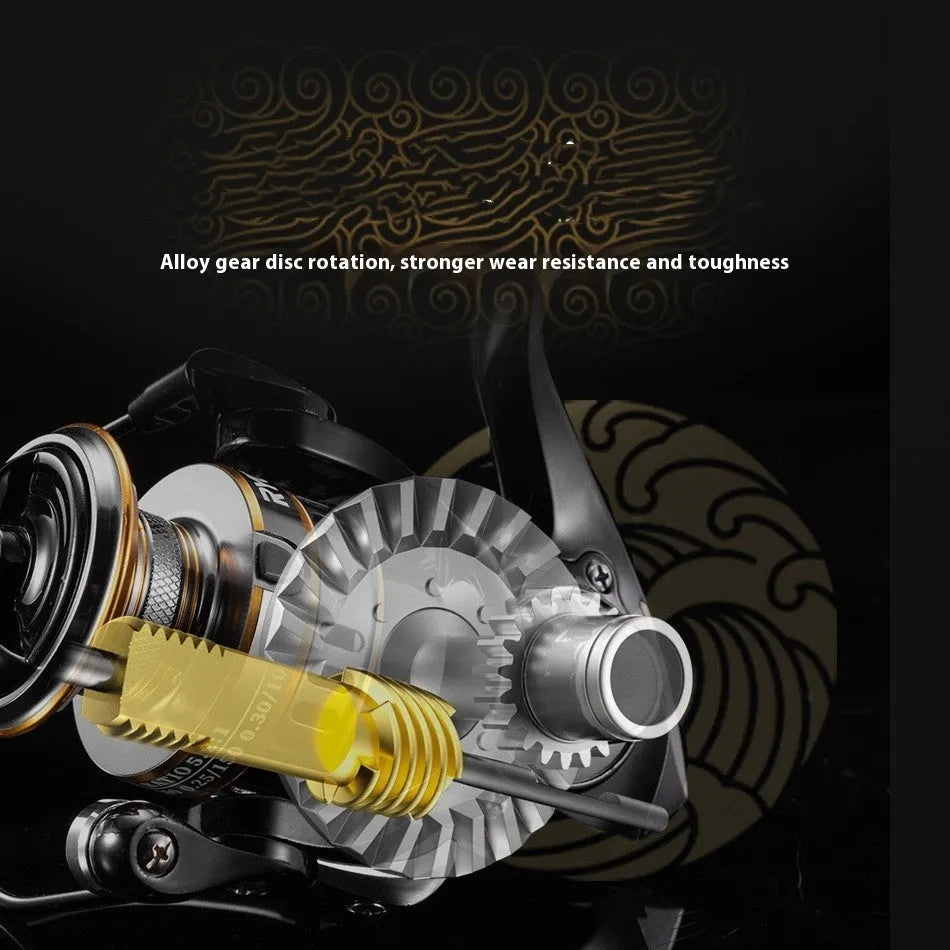 All-metal spinning fishing reel with EVA grip handle on a selection of six model sizes.