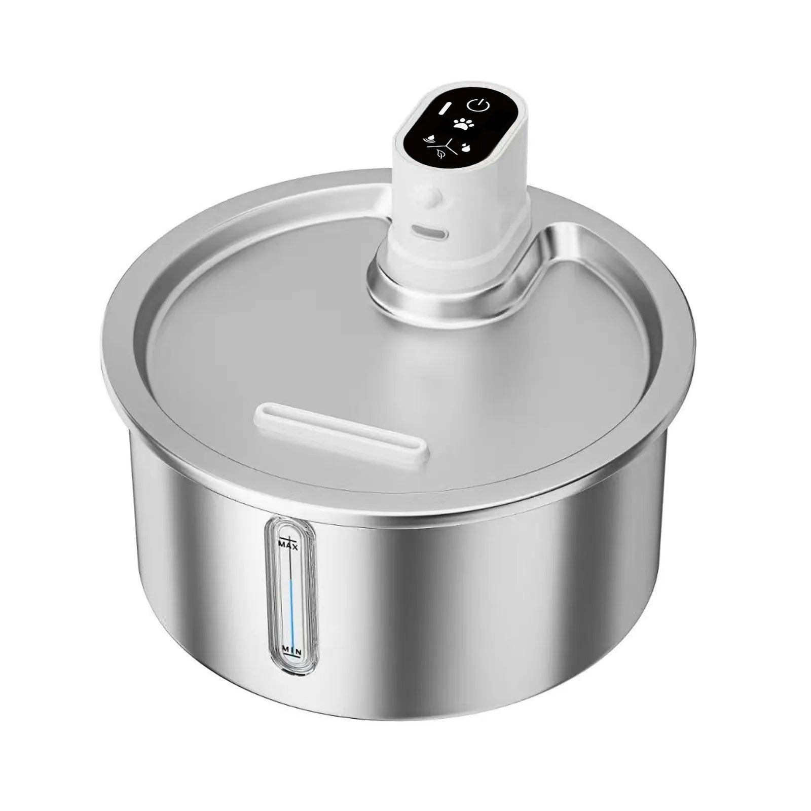 Stainless steel cat water fountain with heating base on a table.