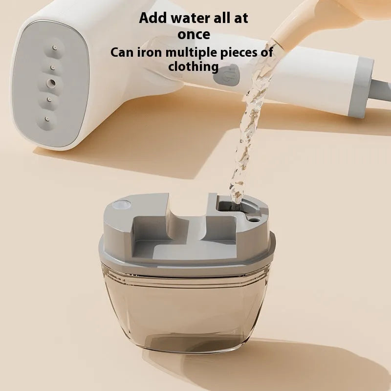Blue handheld garment steamer with water tank and temperature control buttons