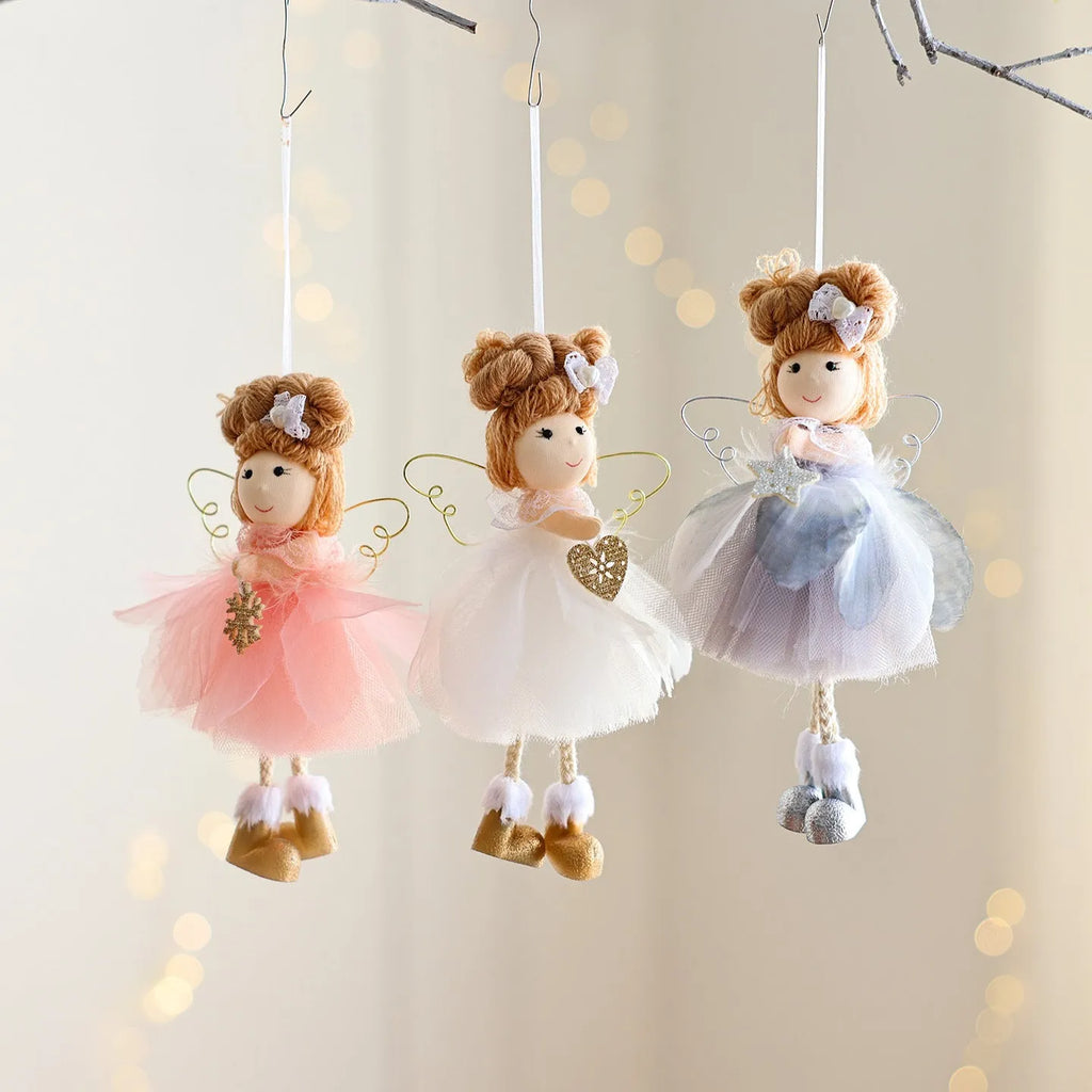 White Christmas tree angel girl hanging ornament with snowflake design and mixed material construction