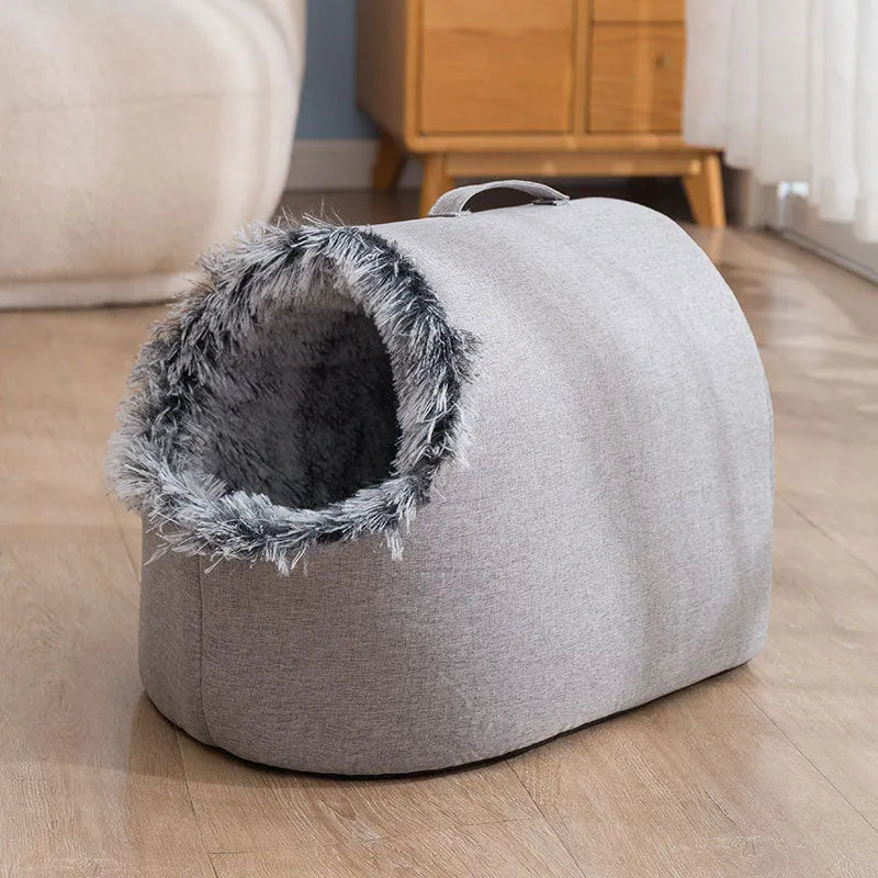 Fleece-lined cat nest closed sleeping bag in coffee brown or grey colour, shown with dimensions 40x30x28cm or 50x40x34cm