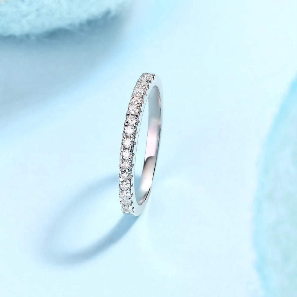 Parallel World moissanite wedding ring set in gold, S925 silver with platinum plating, on white background