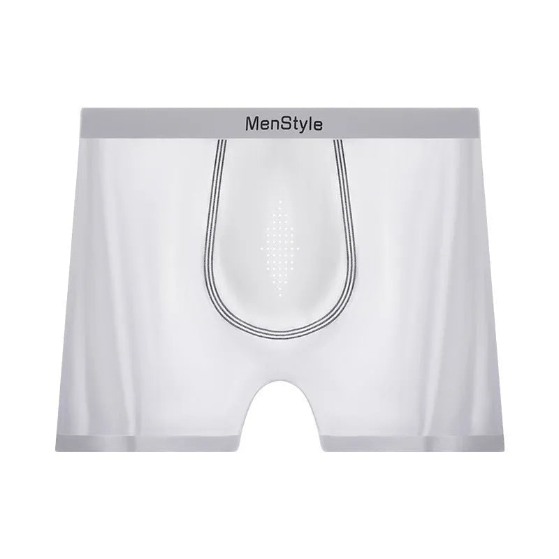 Men's seamless ice silk boxers in dark grey colour showing mid-waist and single-layer design.