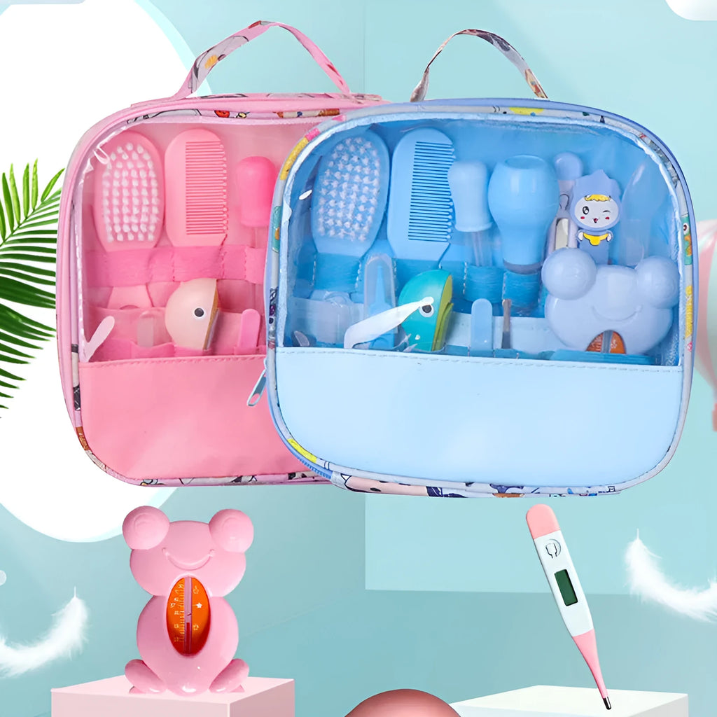 Roadfisher newborn baby care kit with grooming tools and health monitoring devices in blue or pink colour