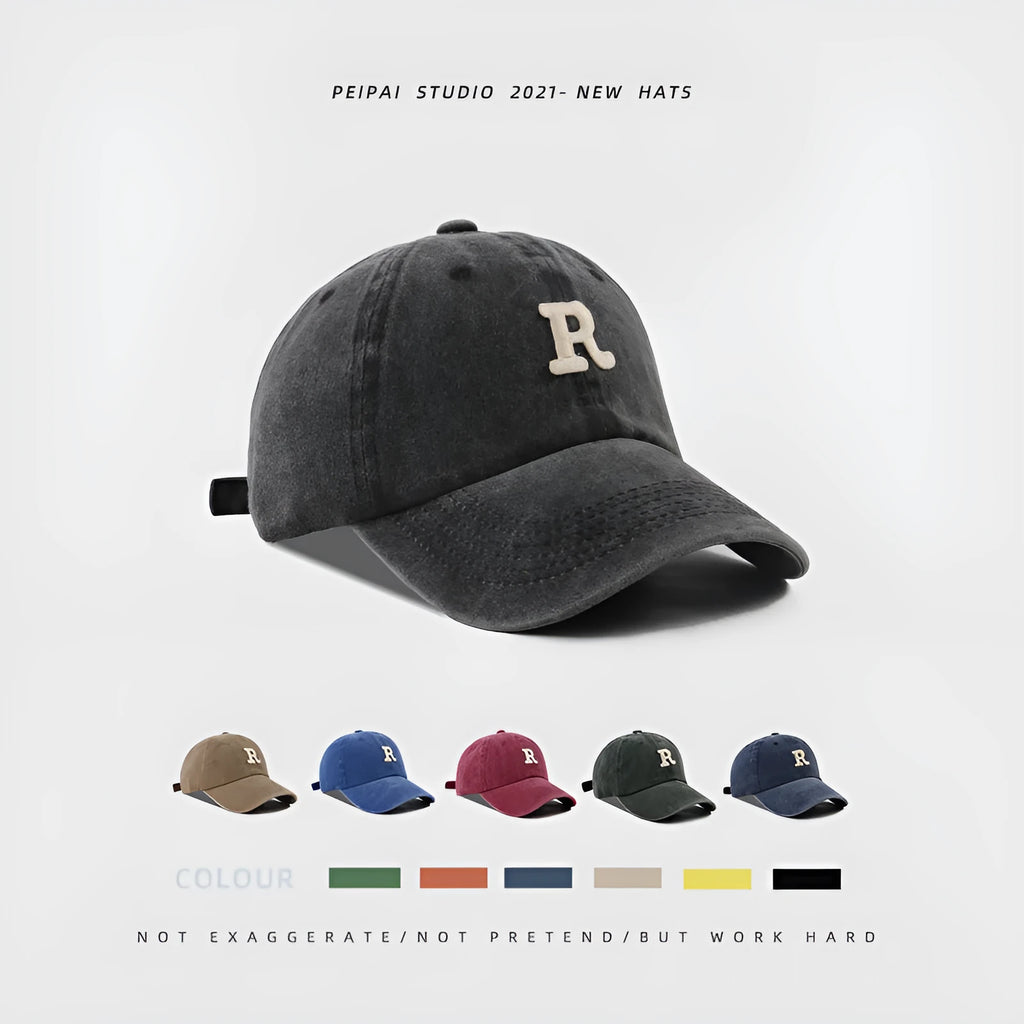 Washed Letter R stick ball cap in cotton with dome crown, adjustable L size 54-60cm