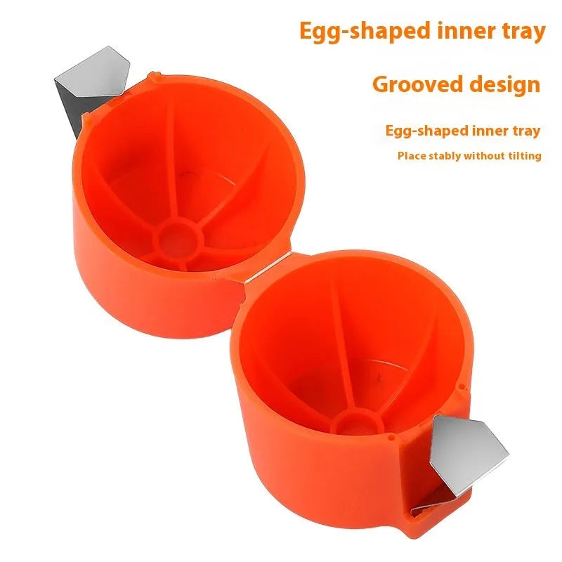 Egg shell opener and beater kitchen tool in pink, yellow, or orange colour on a kitchen counter.