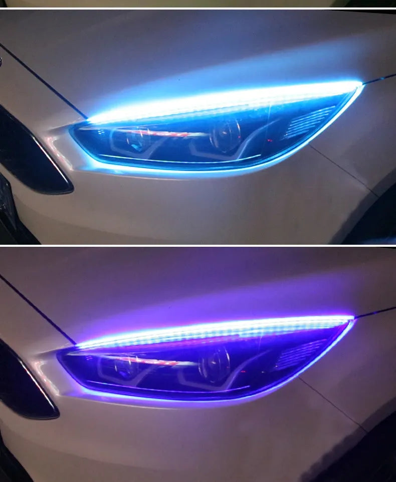 RGB colour-changing LED day running light strip with remote control, shown in 30cm, 45cm, and 60cm lengths.