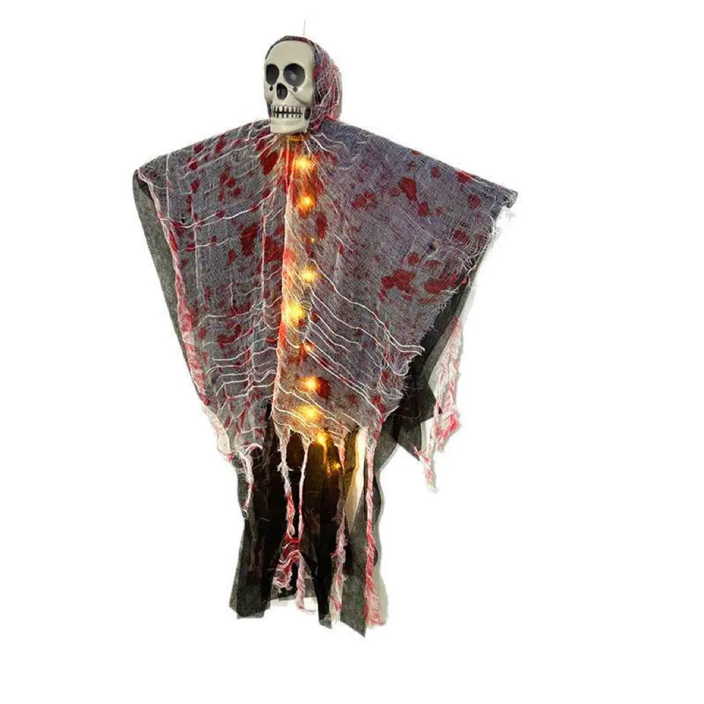 Plastic Halloween hanging ghost ornament with luminous blood-dyed skull.