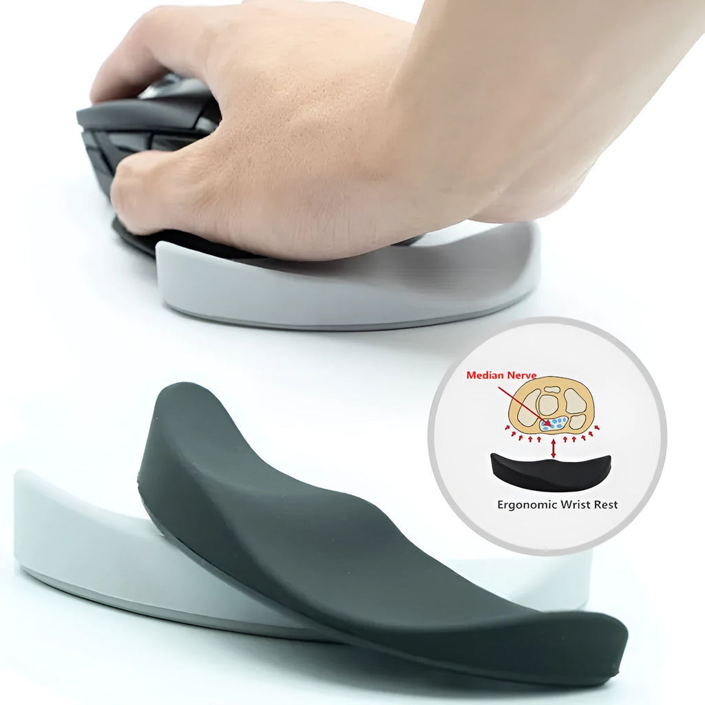 Ergonomic silicone gliding mouse wrist rest for right-handed use, black, 10 x 4.5 x 5 cm, on desk with computer mouse