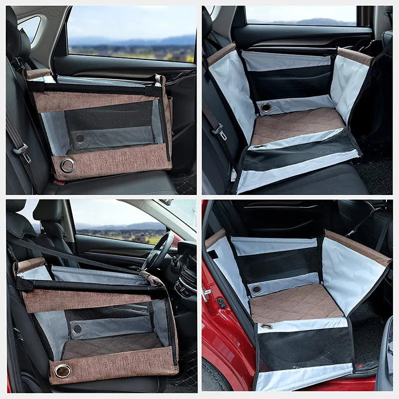 Oxford cloth foldable dog crate in black, shown next to a car