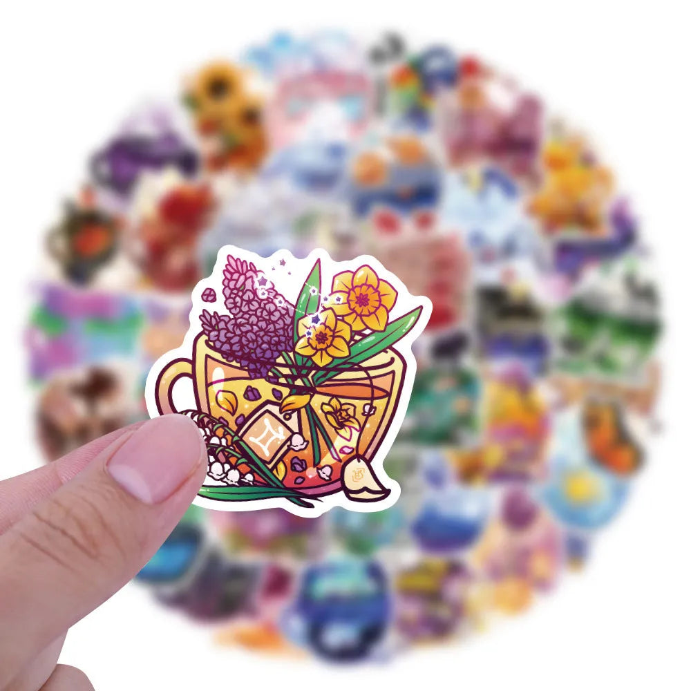 A pack of 50 colourful tea cup graffiti-style waterproof vinyl stickers on a sheet.
